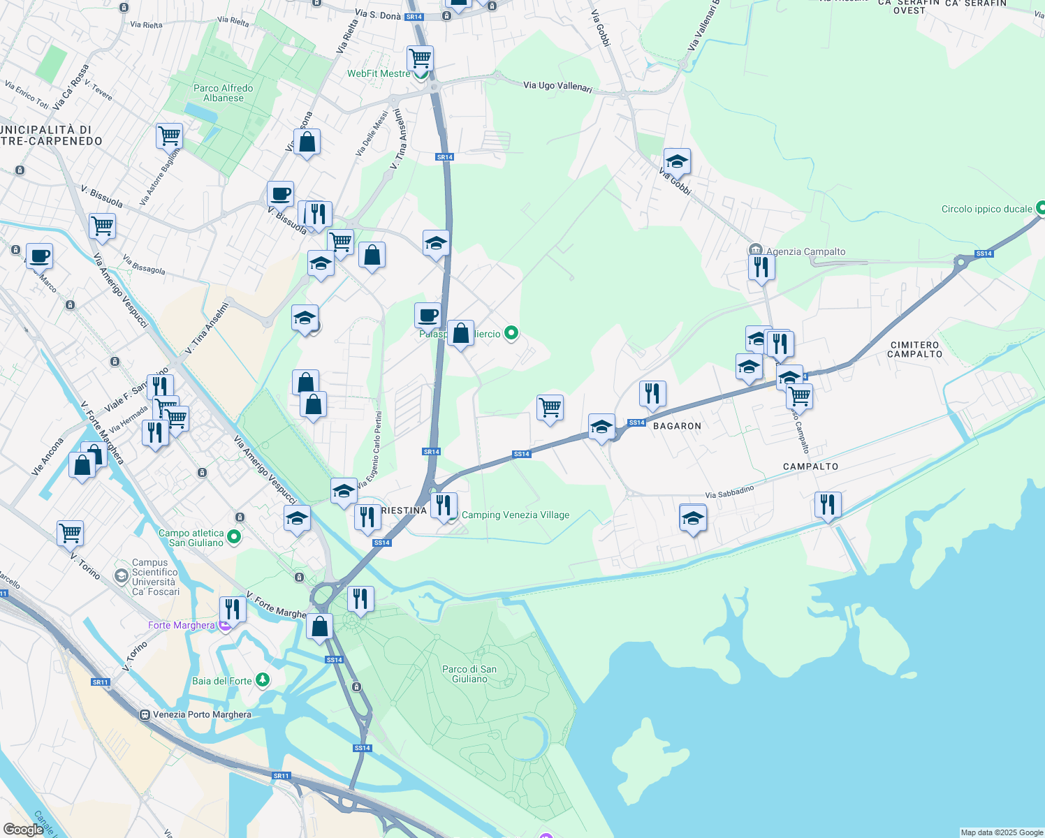map of restaurants, bars, coffee shops, grocery stores, and more near 99 Via Porto di Cavergnago in Venezia