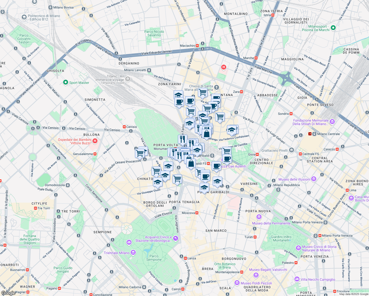 map of restaurants, bars, coffee shops, grocery stores, and more near 6 Via Enrico Tazzoli in Milano