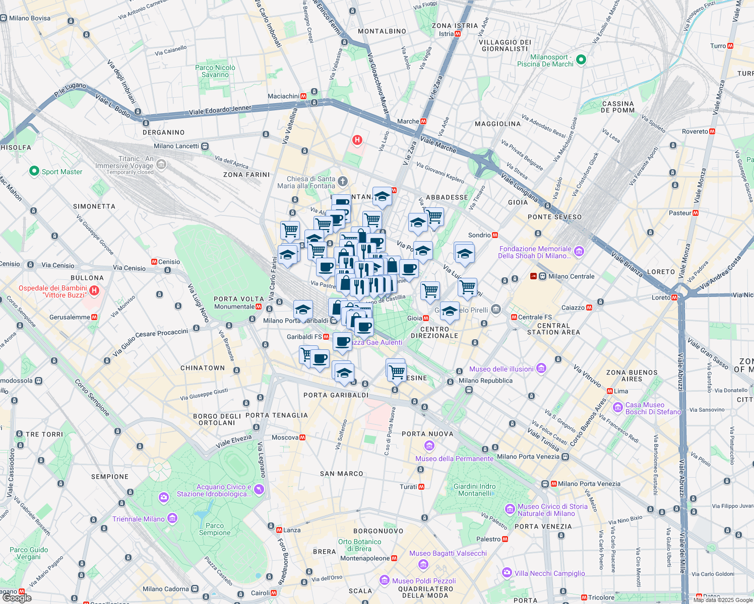 map of restaurants, bars, coffee shops, grocery stores, and more near Via Gaetano de Castillia in Milano