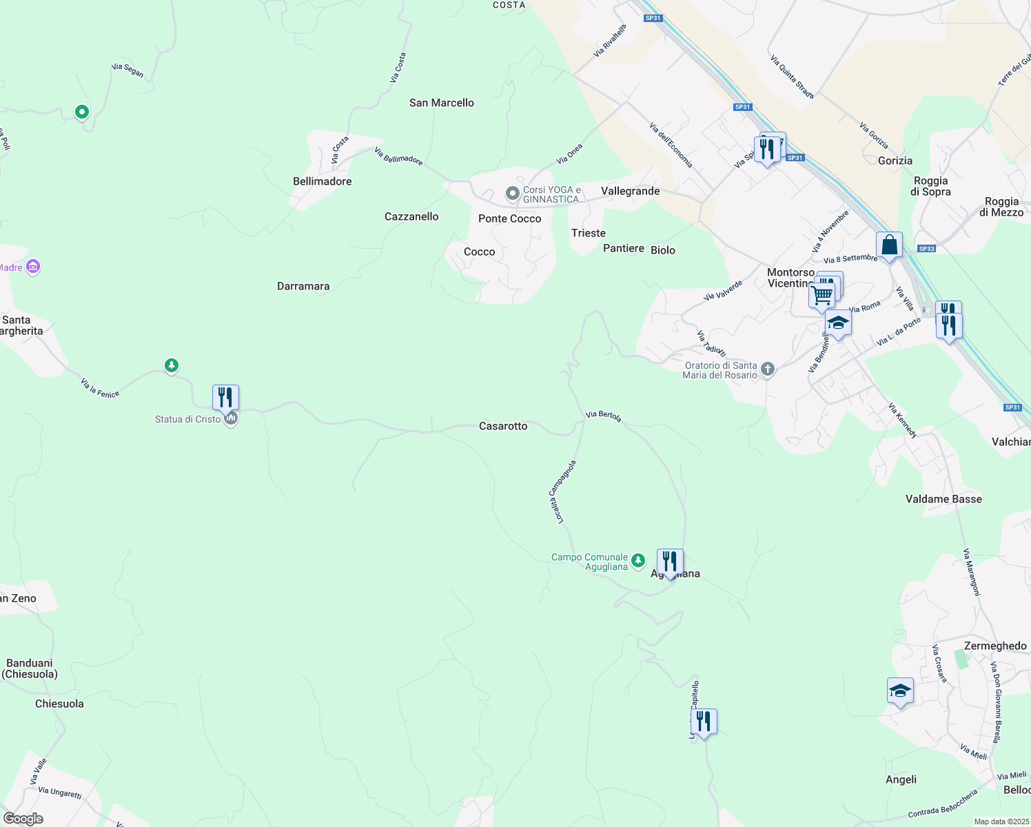 map of restaurants, bars, coffee shops, grocery stores, and more near 34 Via San Nicolò in Casarotto