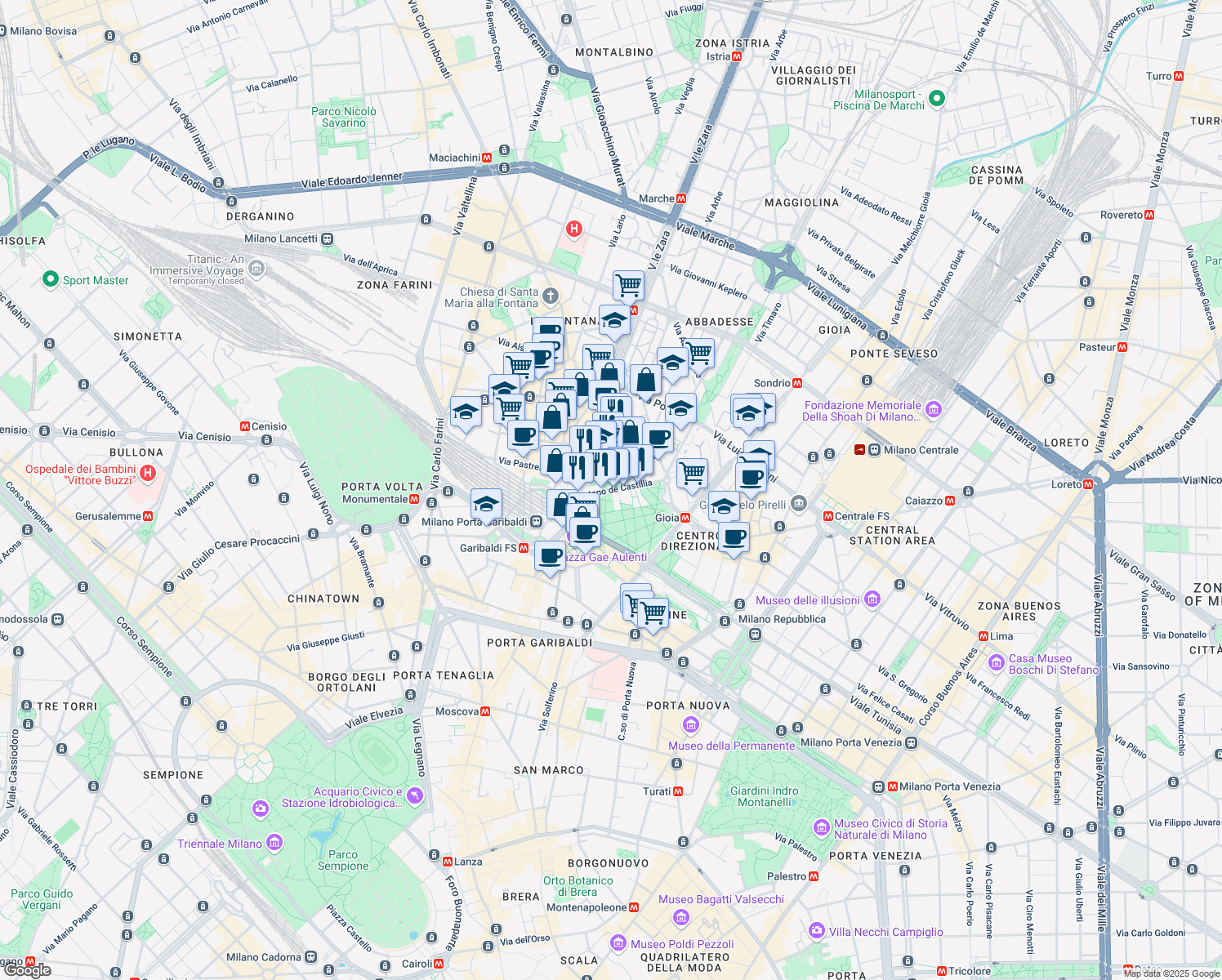map of restaurants, bars, coffee shops, grocery stores, and more near Via Gaetano de Castillia in Milano