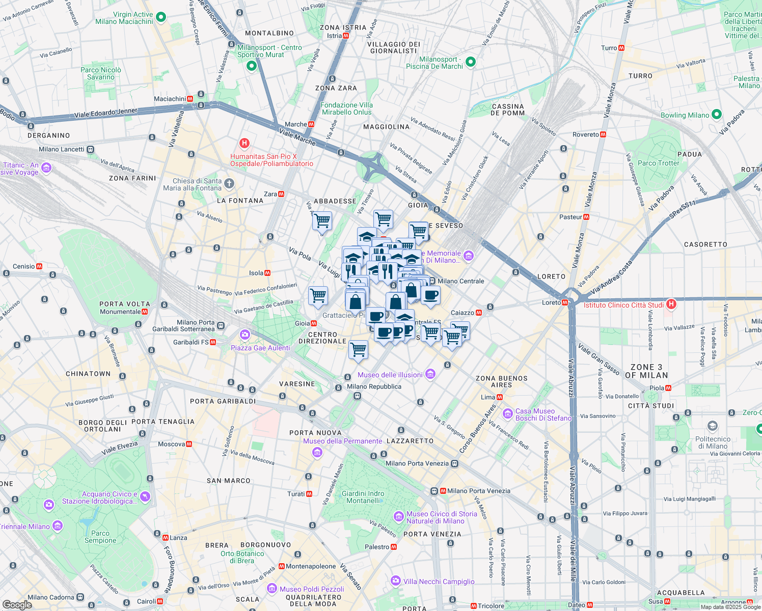 map of restaurants, bars, coffee shops, grocery stores, and more near 29 Via Fabio Filzi in Milano