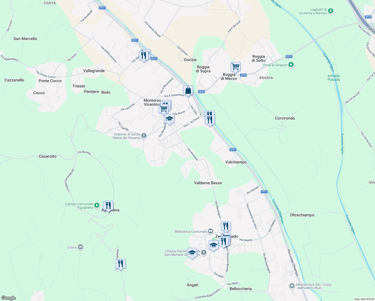 map of restaurants, bars, coffee shops, grocery stores, and more near 24 Via Kennedy in Montorso Vicentino