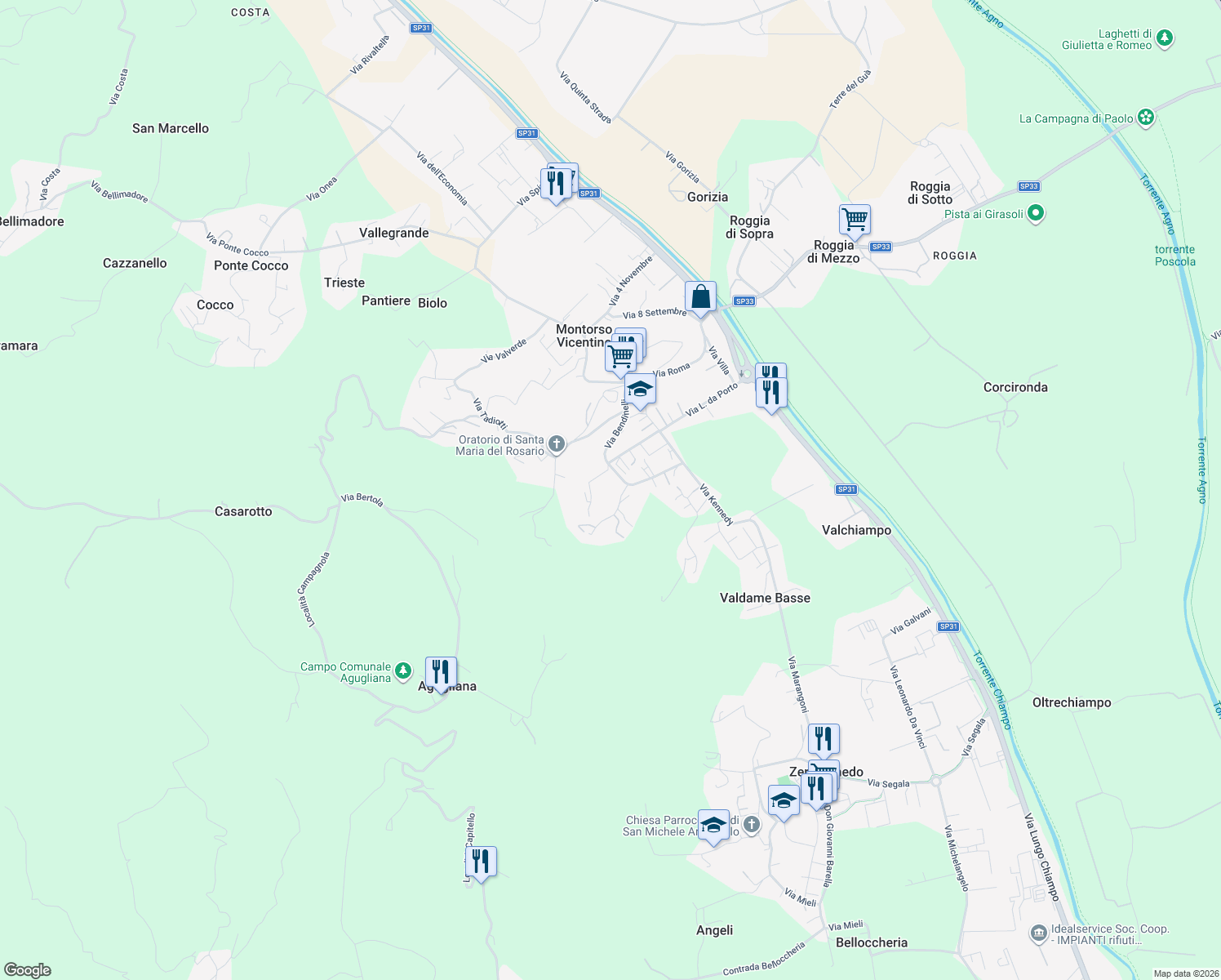 map of restaurants, bars, coffee shops, grocery stores, and more near 2 Via Rio in Montorso Vicentino