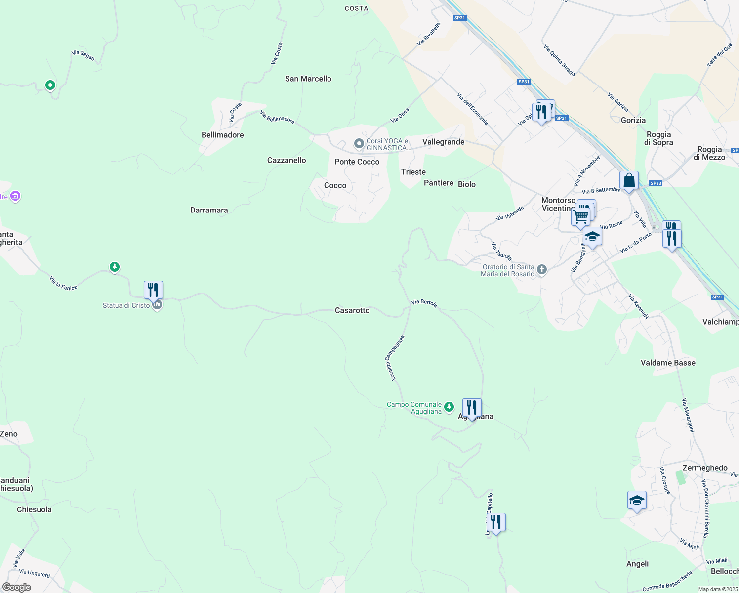 map of restaurants, bars, coffee shops, grocery stores, and more near 34 Via San Nicolò in Casarotto