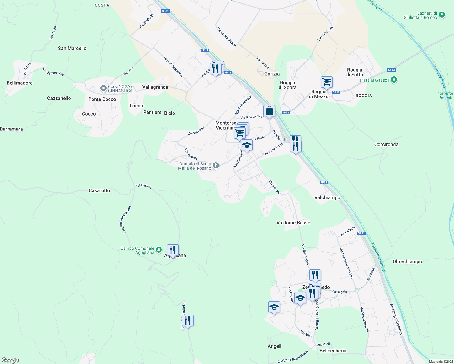 map of restaurants, bars, coffee shops, grocery stores, and more near 8 Via Montello in Montorso Vicentino