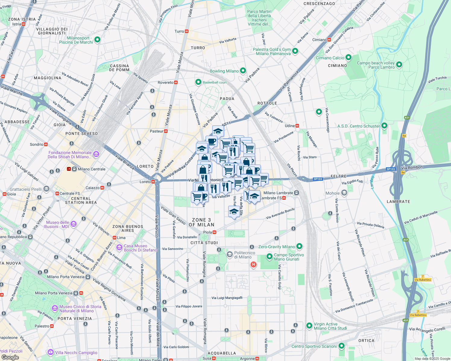 map of restaurants, bars, coffee shops, grocery stores, and more near 96 Via Andrea Maria Ampère in Milano