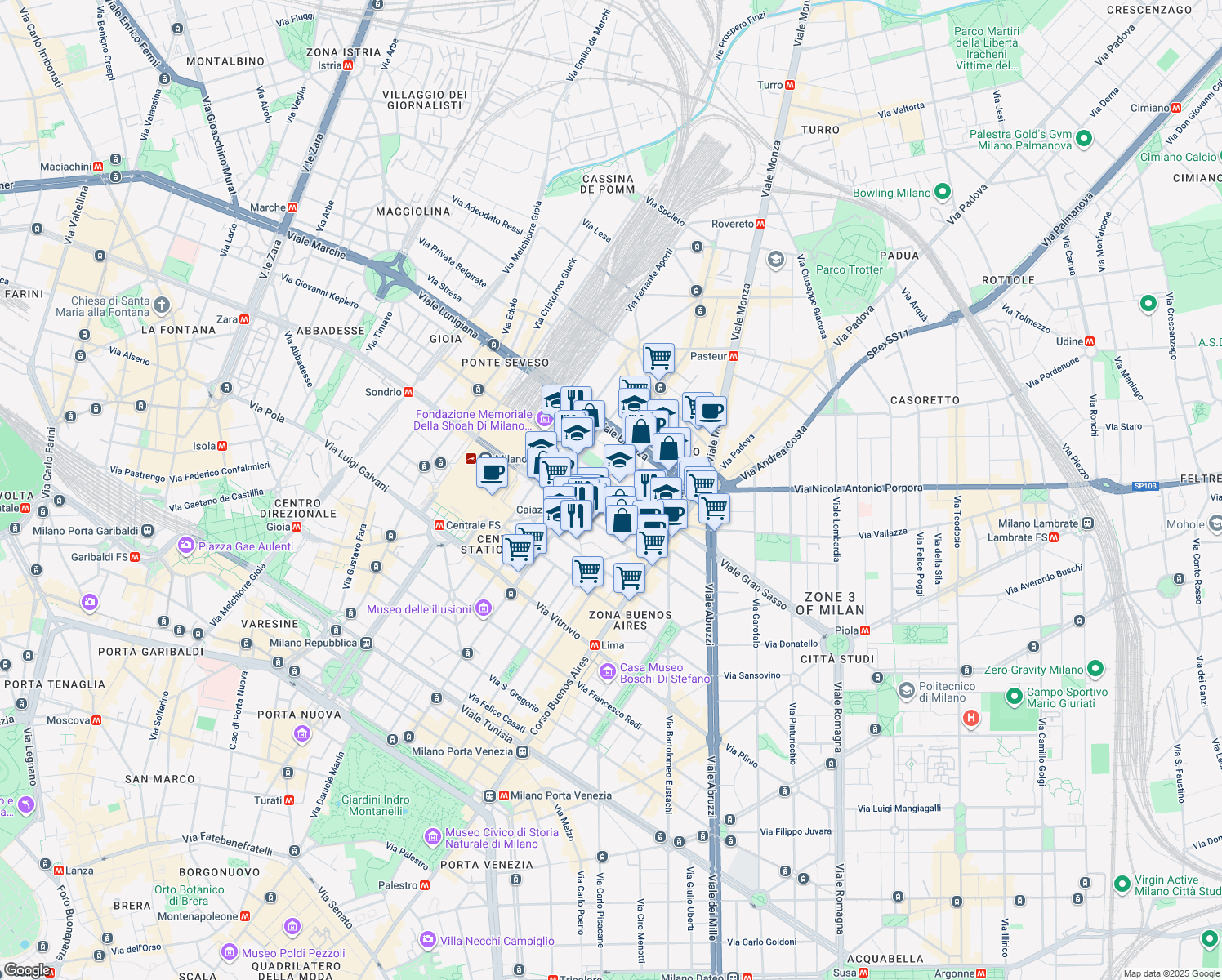 map of restaurants, bars, coffee shops, grocery stores, and more near 27 Viale Andrea Doria in Milano