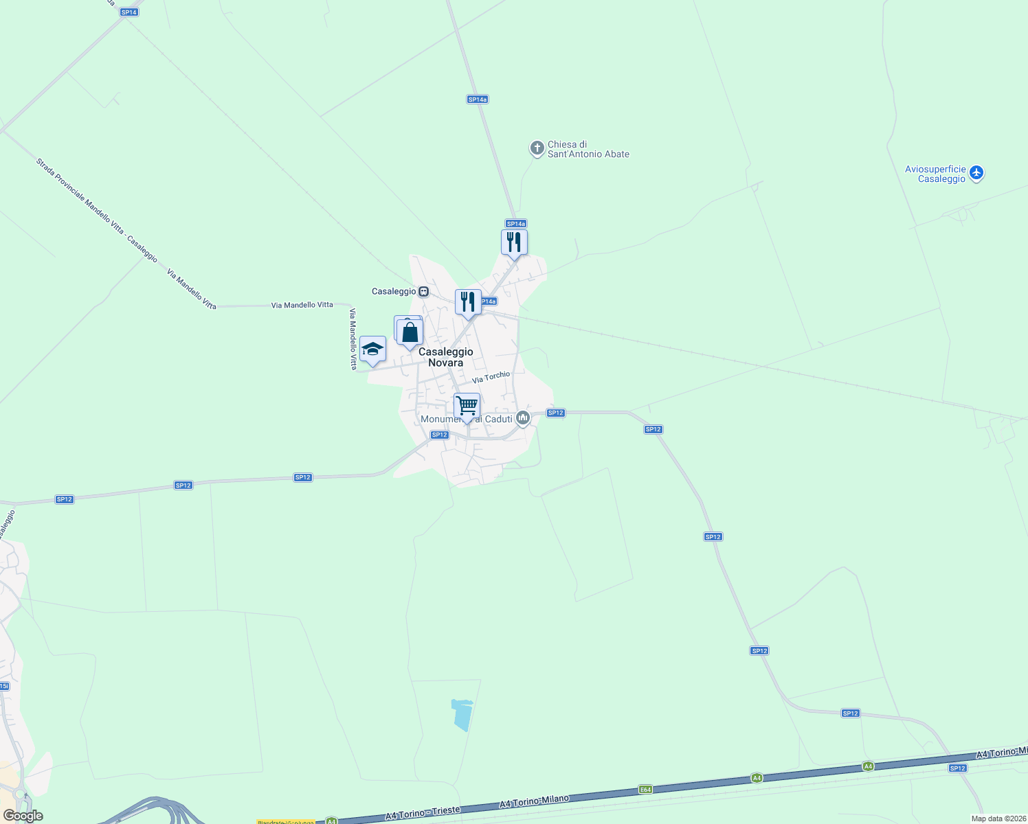 map of restaurants, bars, coffee shops, grocery stores, and more near 17 Via Piave in Casaleggio Novara
