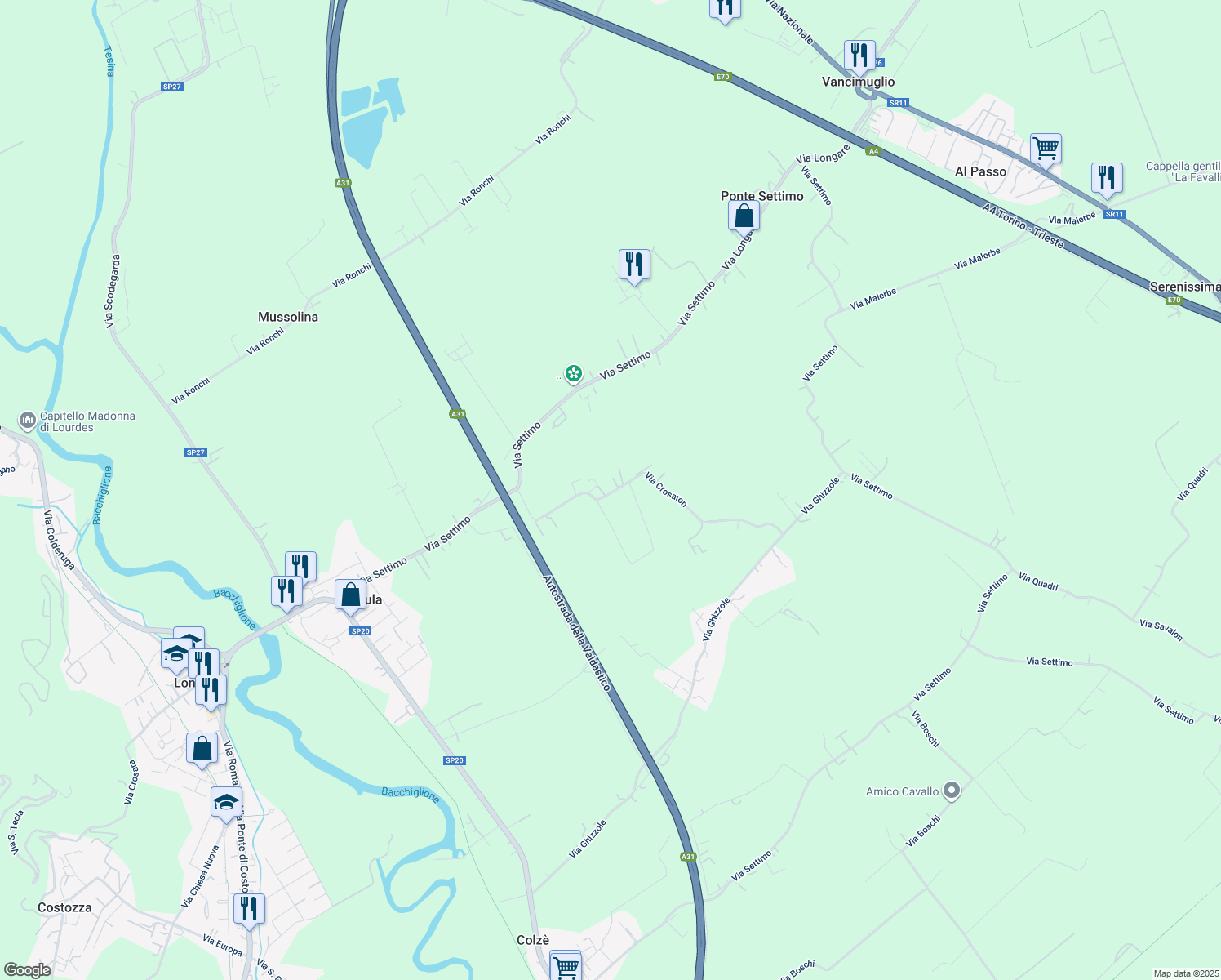 map of restaurants, bars, coffee shops, grocery stores, and more near 15 Via Crosaron in Provincia di Vicenza