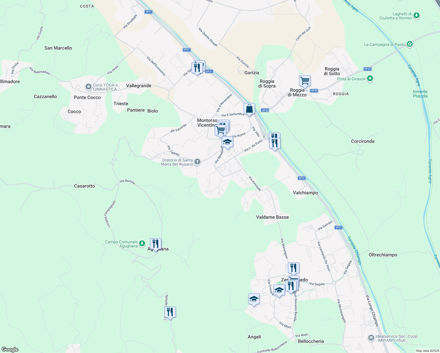 map of restaurants, bars, coffee shops, grocery stores, and more near 2 Via Rio in Montorso Vicentino