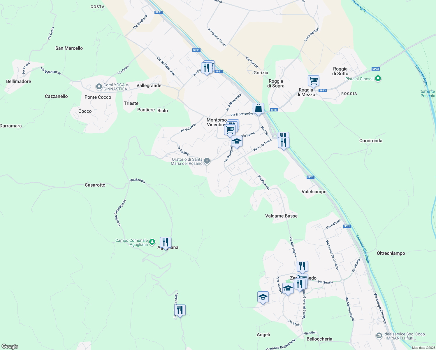 map of restaurants, bars, coffee shops, grocery stores, and more near 8 Via Montello in Montorso Vicentino