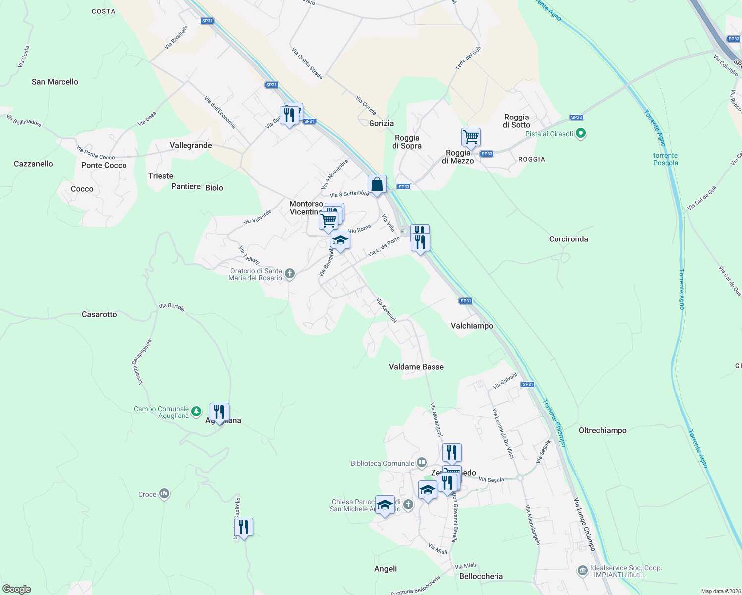 map of restaurants, bars, coffee shops, grocery stores, and more near 24 Via Kennedy in Montorso Vicentino