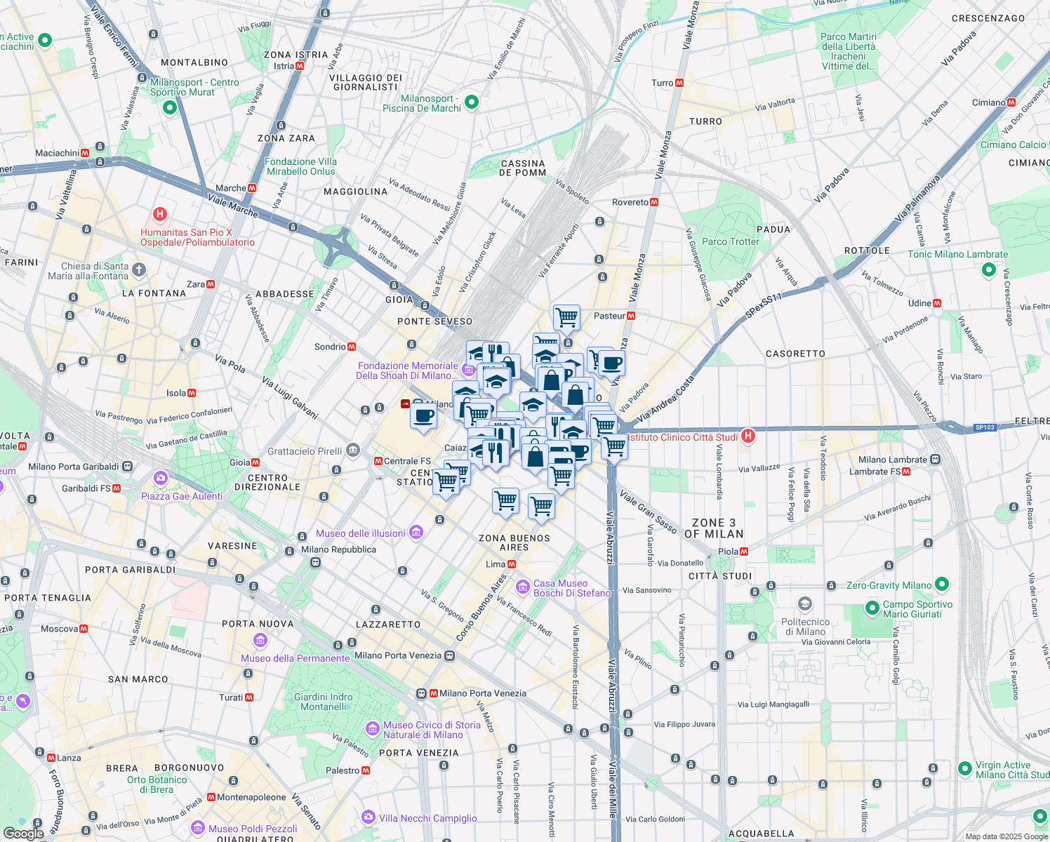 map of restaurants, bars, coffee shops, grocery stores, and more near 27 Viale Andrea Doria in Milan