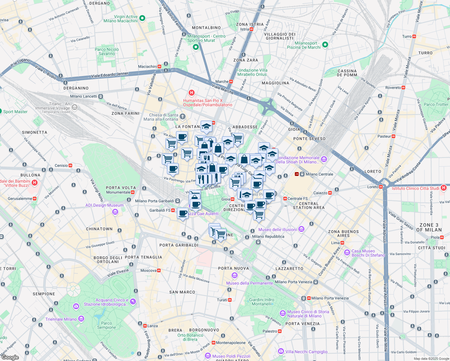map of restaurants, bars, coffee shops, grocery stores, and more near 1 Viale Francesco Restelli in Milano