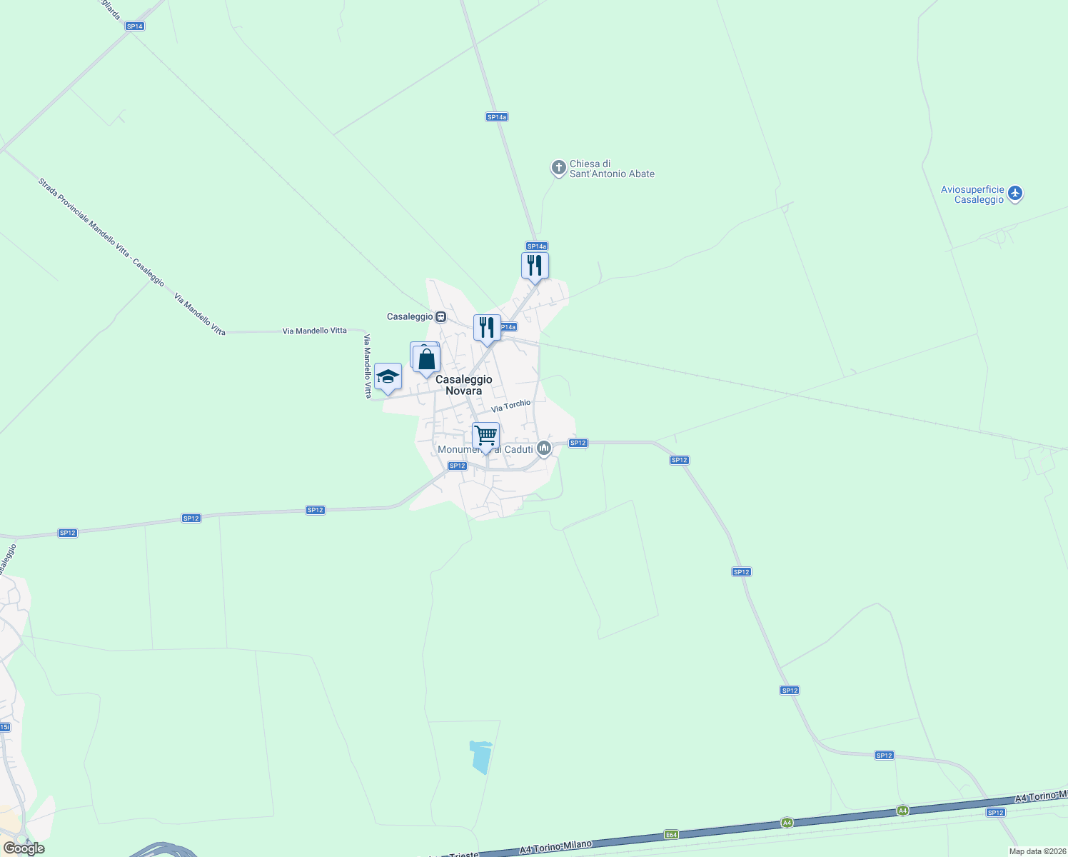 map of restaurants, bars, coffee shops, grocery stores, and more near 17 Via Piave in Casaleggio Novara