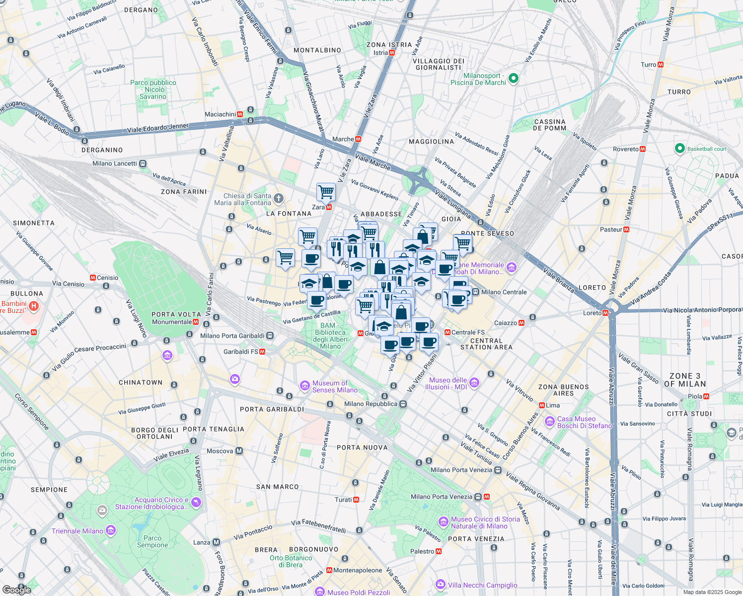 map of restaurants, bars, coffee shops, grocery stores, and more near Piazza Città di Lombardia in Milano