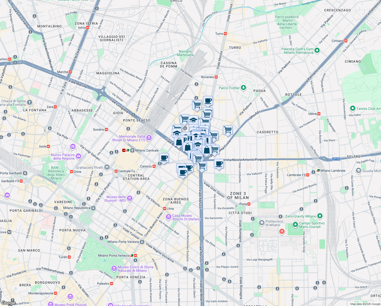 map of restaurants, bars, coffee shops, grocery stores, and more near 7 Viale Monza in Milano