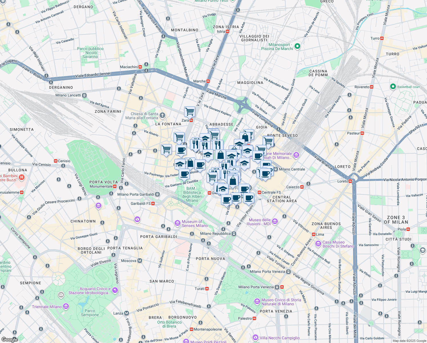 map of restaurants, bars, coffee shops, grocery stores, and more near Piazza Città di Lombardia in Milano