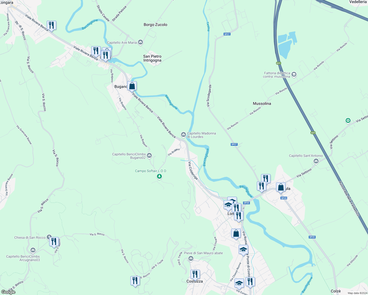 map of restaurants, bars, coffee shops, grocery stores, and more near 106 Via Bugano in Longare
