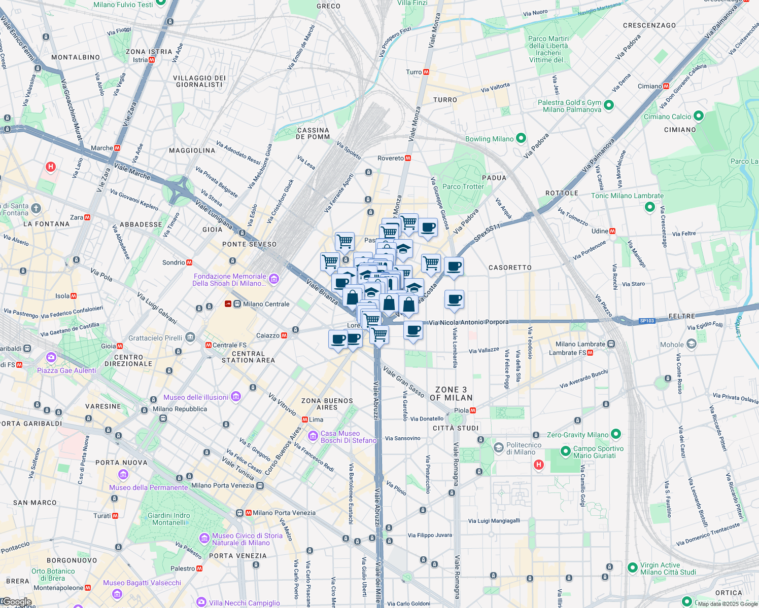 map of restaurants, bars, coffee shops, grocery stores, and more near 2 Viale Monza in Milano
