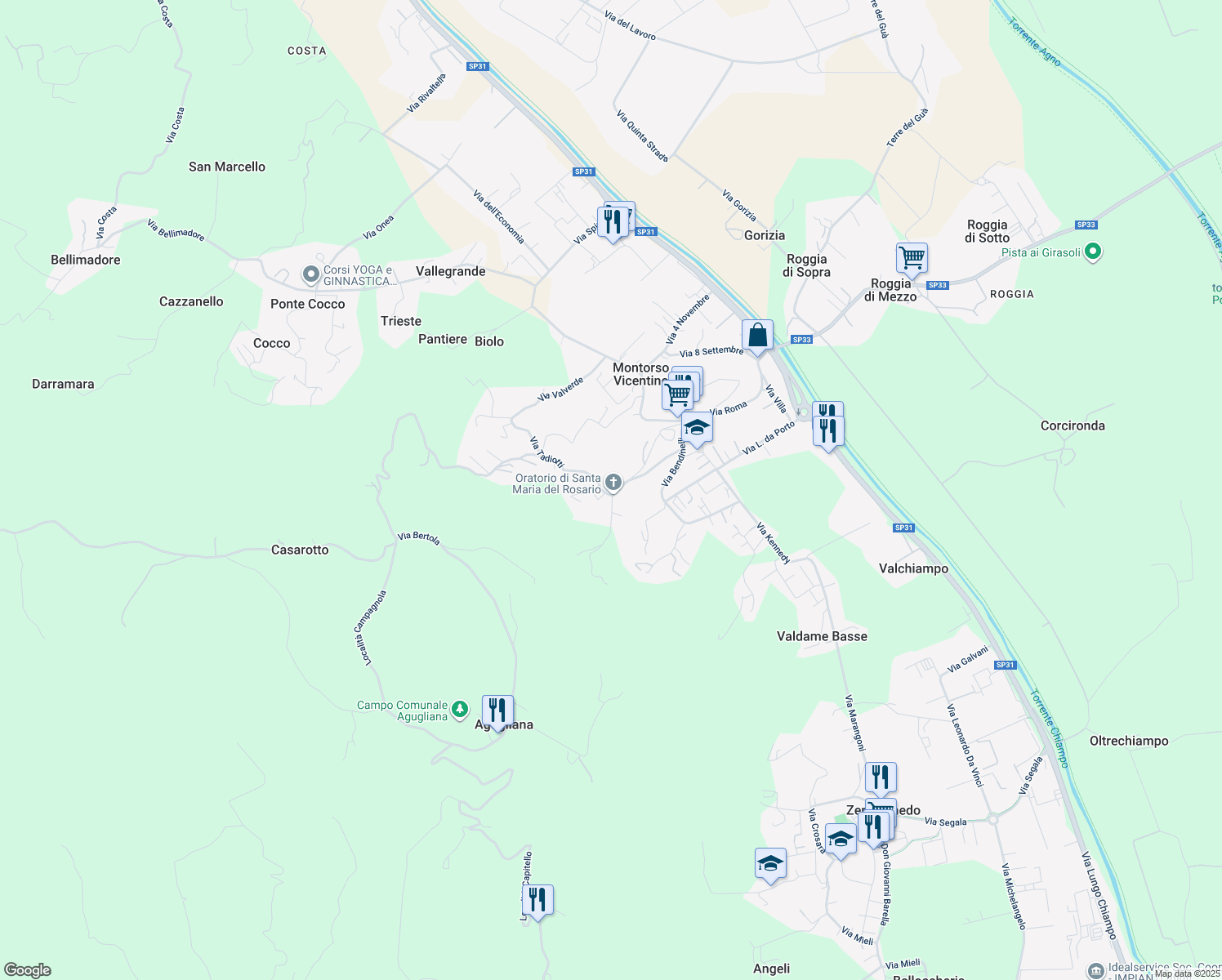 map of restaurants, bars, coffee shops, grocery stores, and more near 54 Via Tovi in Montorso Vicentino