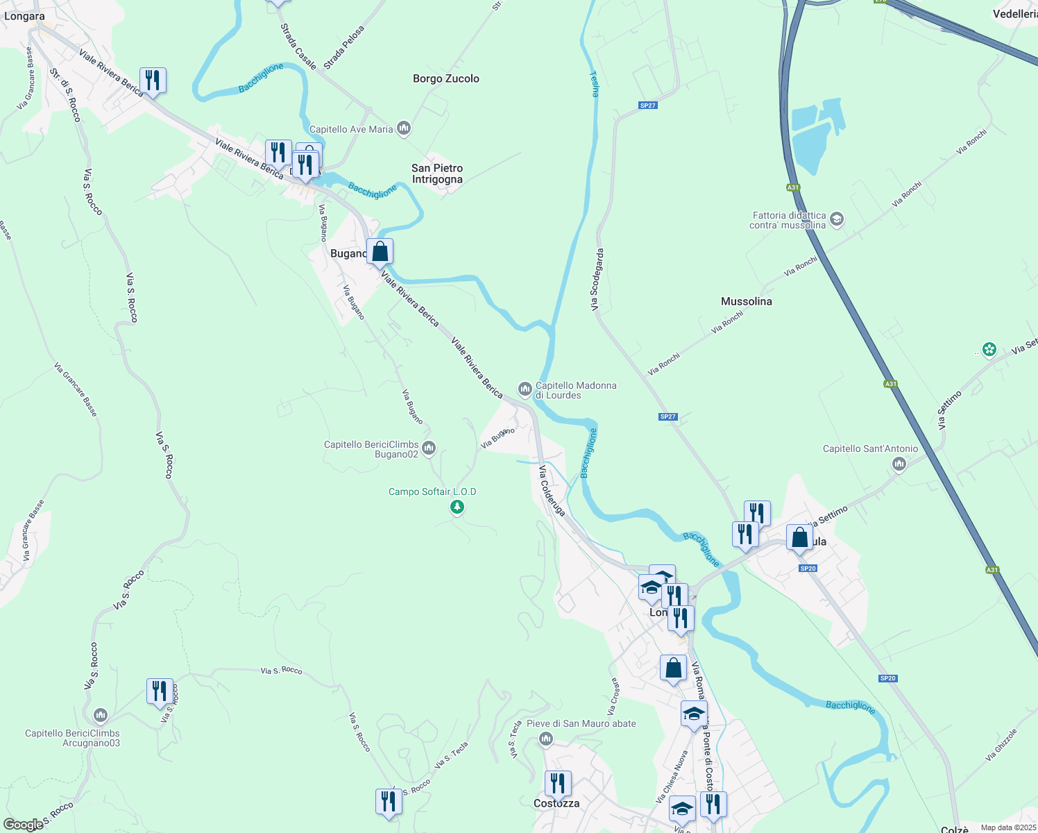map of restaurants, bars, coffee shops, grocery stores, and more near 106 Via Bugano in Longare