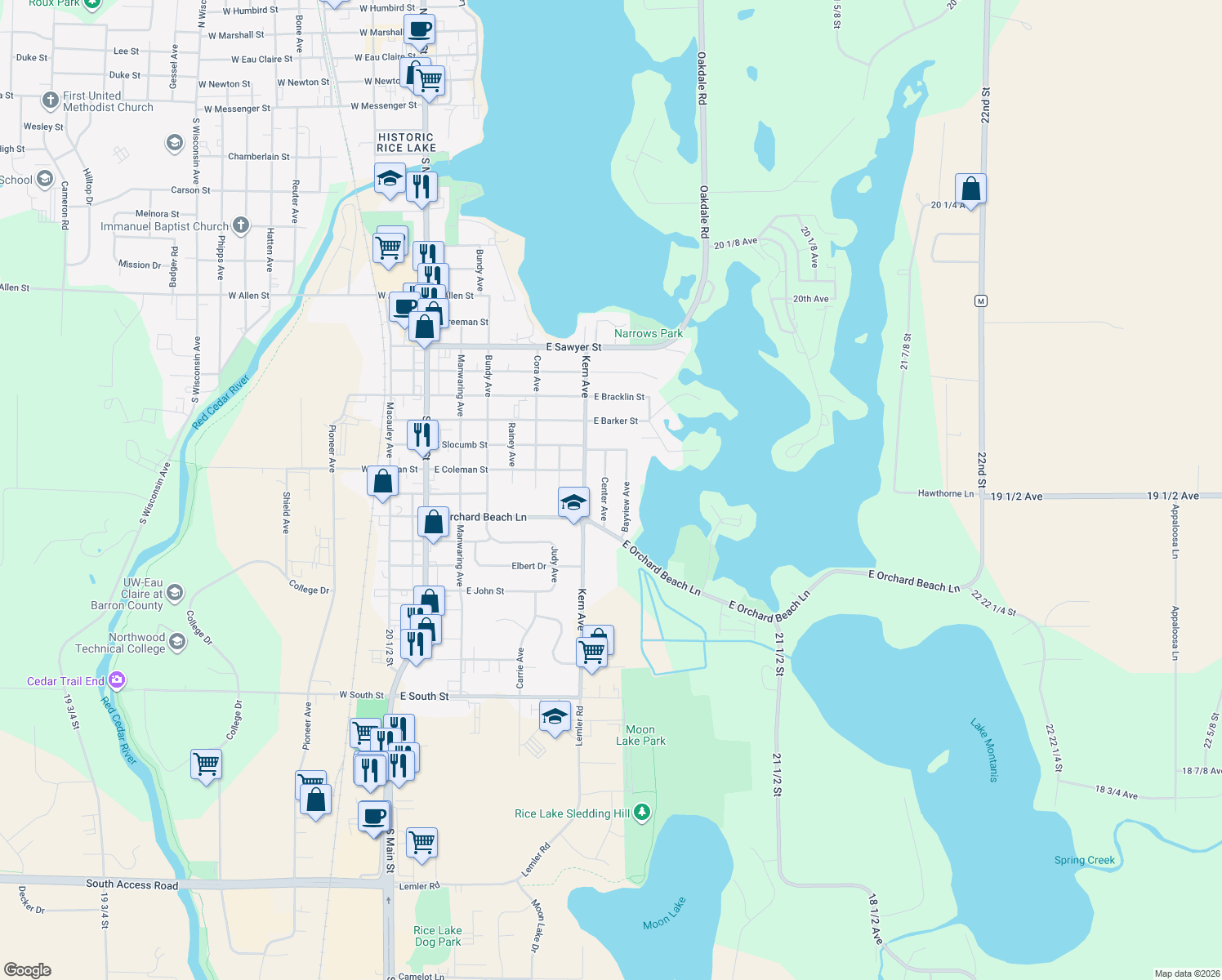map of restaurants, bars, coffee shops, grocery stores, and more near 1231 Center Avenue in Rice Lake