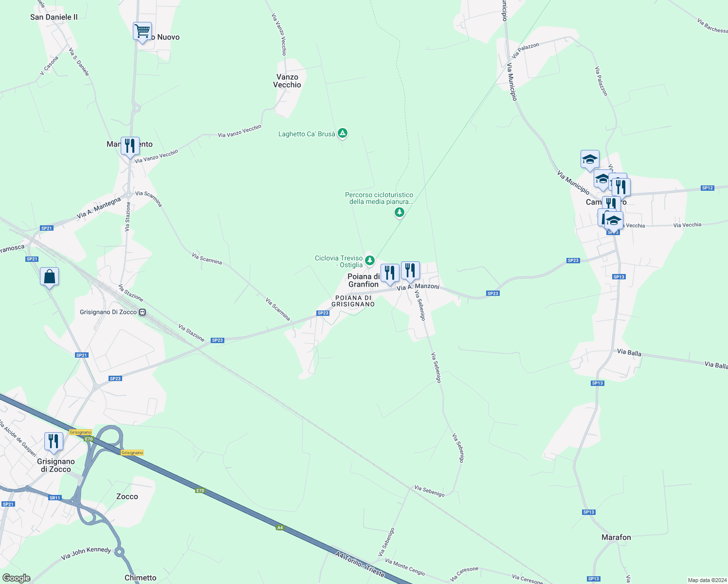 map of restaurants, bars, coffee shops, grocery stores, and more near 3 Via Ceresone in Poiana di Granfion