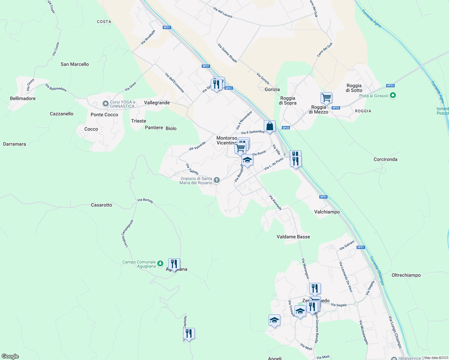 map of restaurants, bars, coffee shops, grocery stores, and more near 27 Via Pasubio in Montorso Vicentino