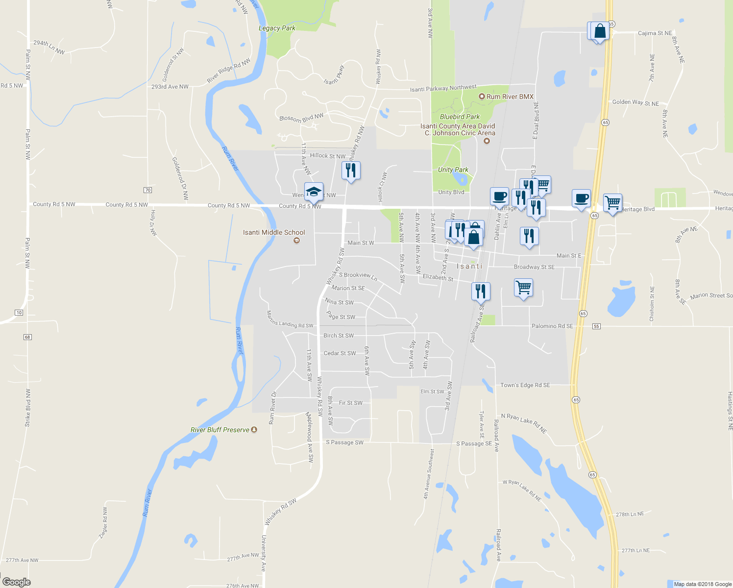map of restaurants, bars, coffee shops, grocery stores, and more near 609 Marion Street Southeast in Isanti
