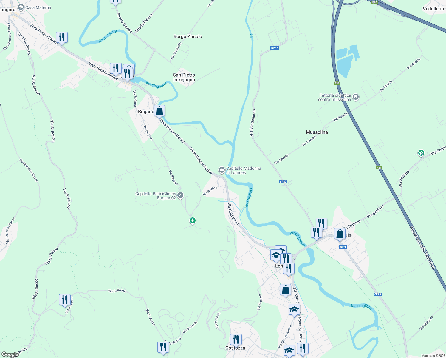 map of restaurants, bars, coffee shops, grocery stores, and more near 106 Via Bugano in Longare
