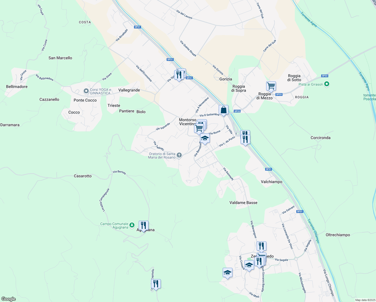 map of restaurants, bars, coffee shops, grocery stores, and more near 27 Via Pasubio in Montorso Vicentino