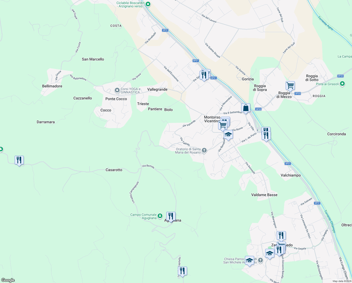 map of restaurants, bars, coffee shops, grocery stores, and more near 3 Via San Nicolò in Montorso Vicentino