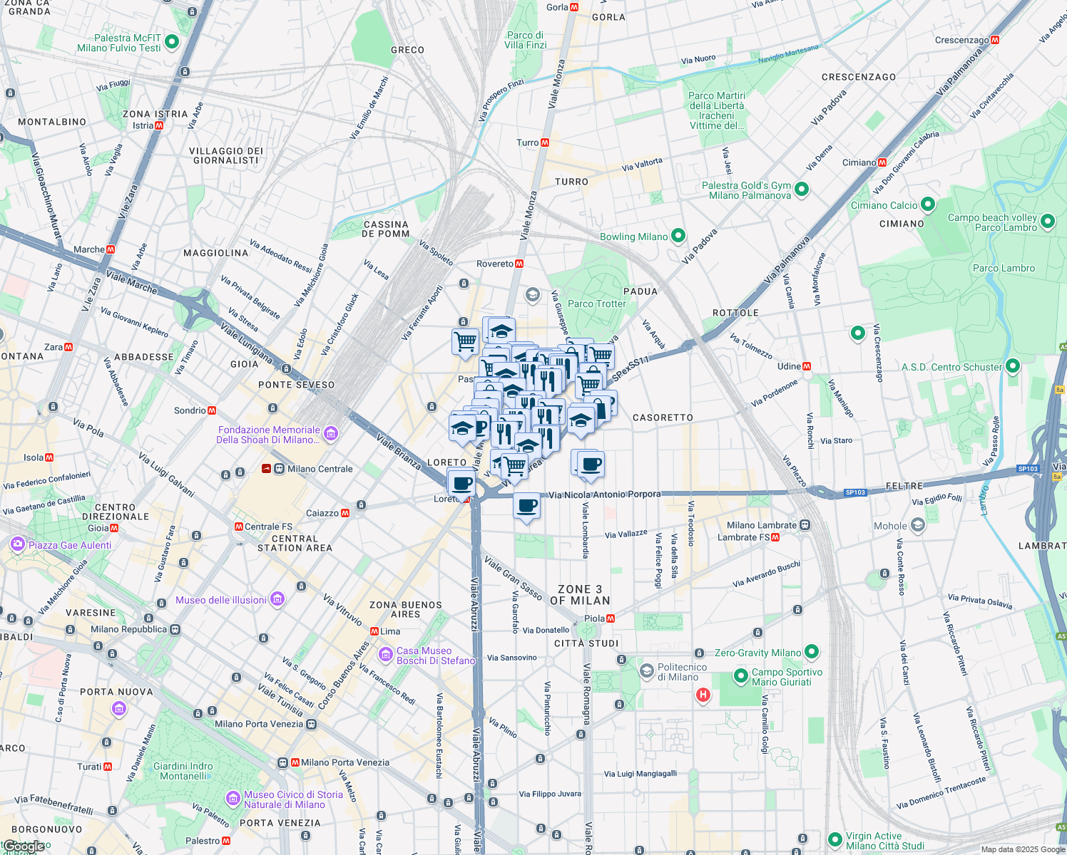 map of restaurants, bars, coffee shops, grocery stores, and more near 36 Via Padova in Milan