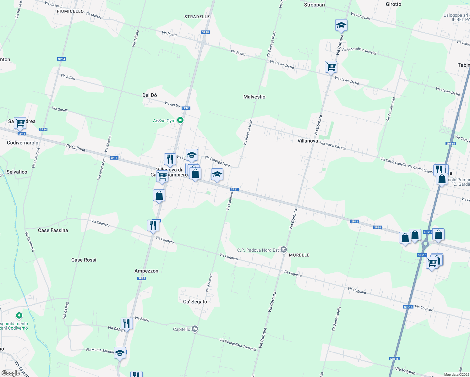 map of restaurants, bars, coffee shops, grocery stores, and more near 125 Via Caltana in Villanova di Camposampiero