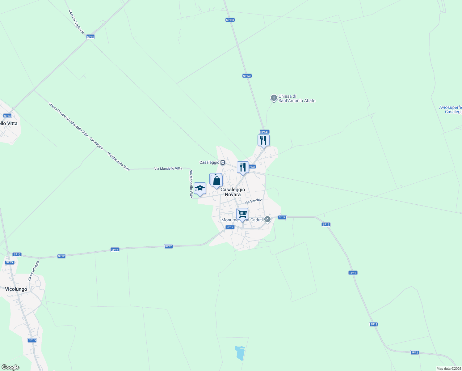 map of restaurants, bars, coffee shops, grocery stores, and more near 4 Viale Roma in Casaleggio Novara