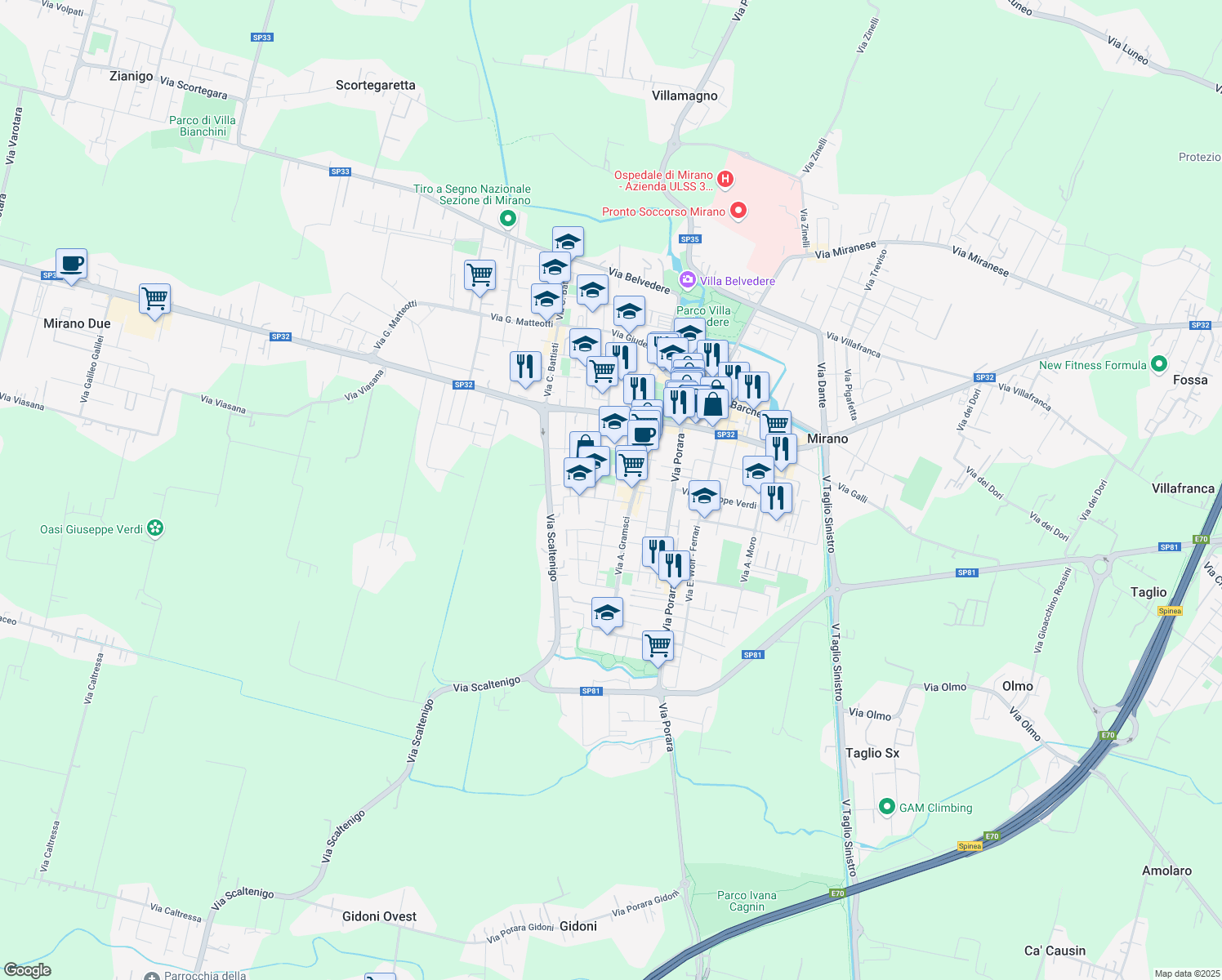 map of restaurants, bars, coffee shops, grocery stores, and more near 28 Via Torino in Mirano