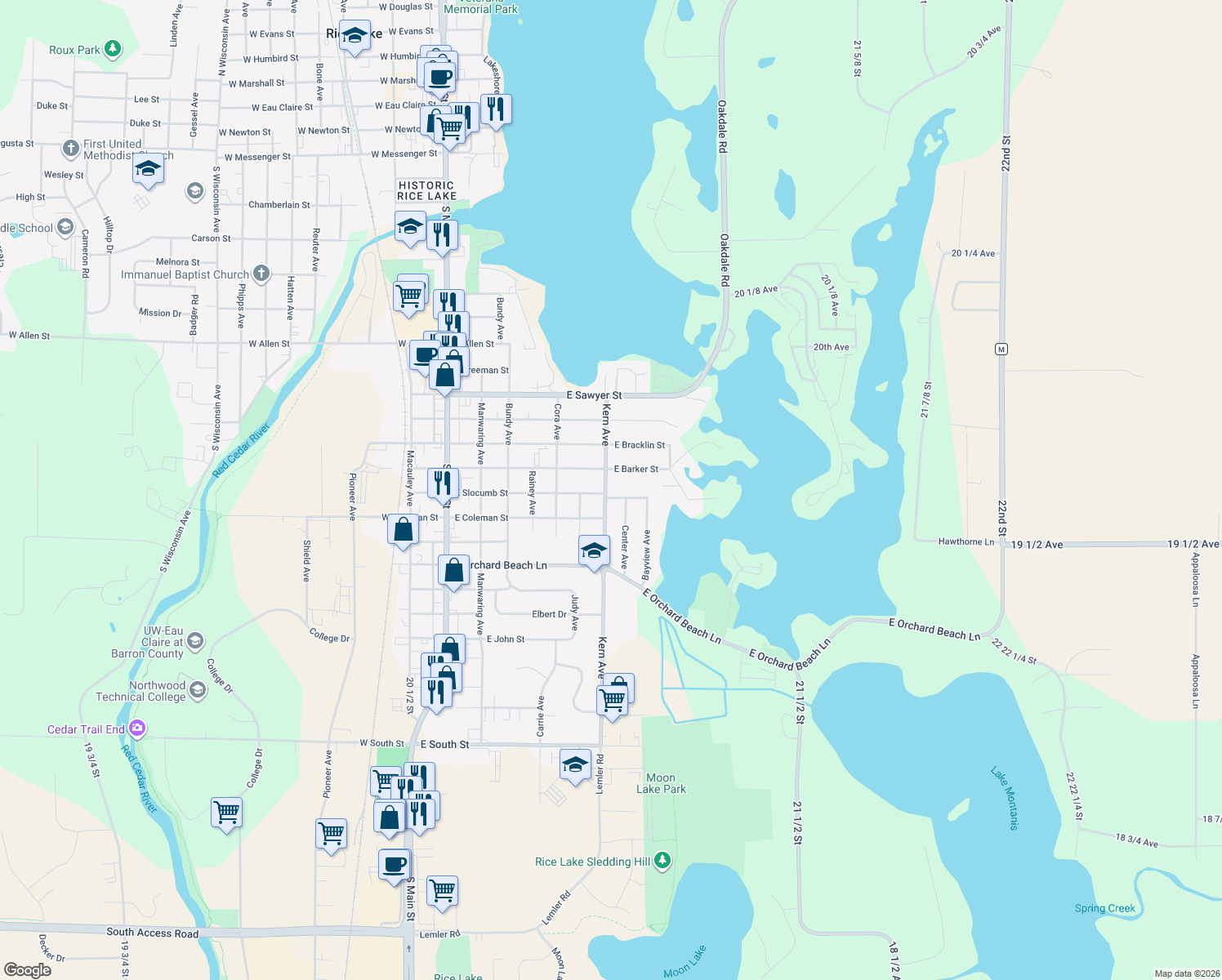 map of restaurants, bars, coffee shops, grocery stores, and more near 1031 Kern Avenue in Rice Lake