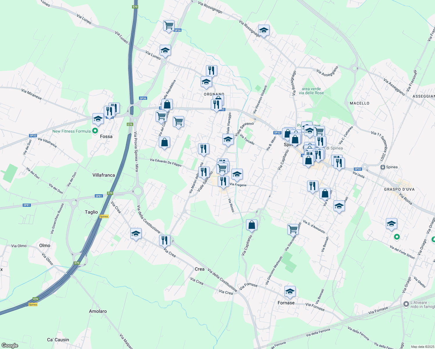 map of restaurants, bars, coffee shops, grocery stores, and more near 40 Viale Viareggio in Spinea