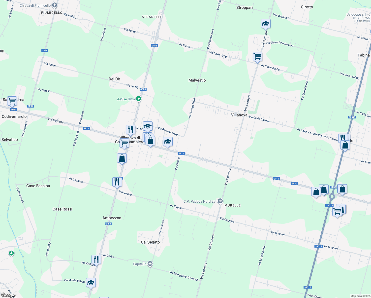 map of restaurants, bars, coffee shops, grocery stores, and more near 125 Via Caltana in Villanova di Camposampiero