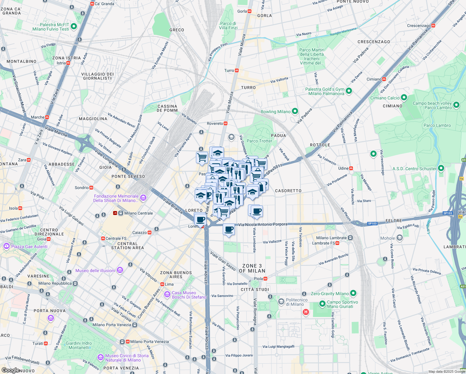 map of restaurants, bars, coffee shops, grocery stores, and more near 36 Via Padova in Milan
