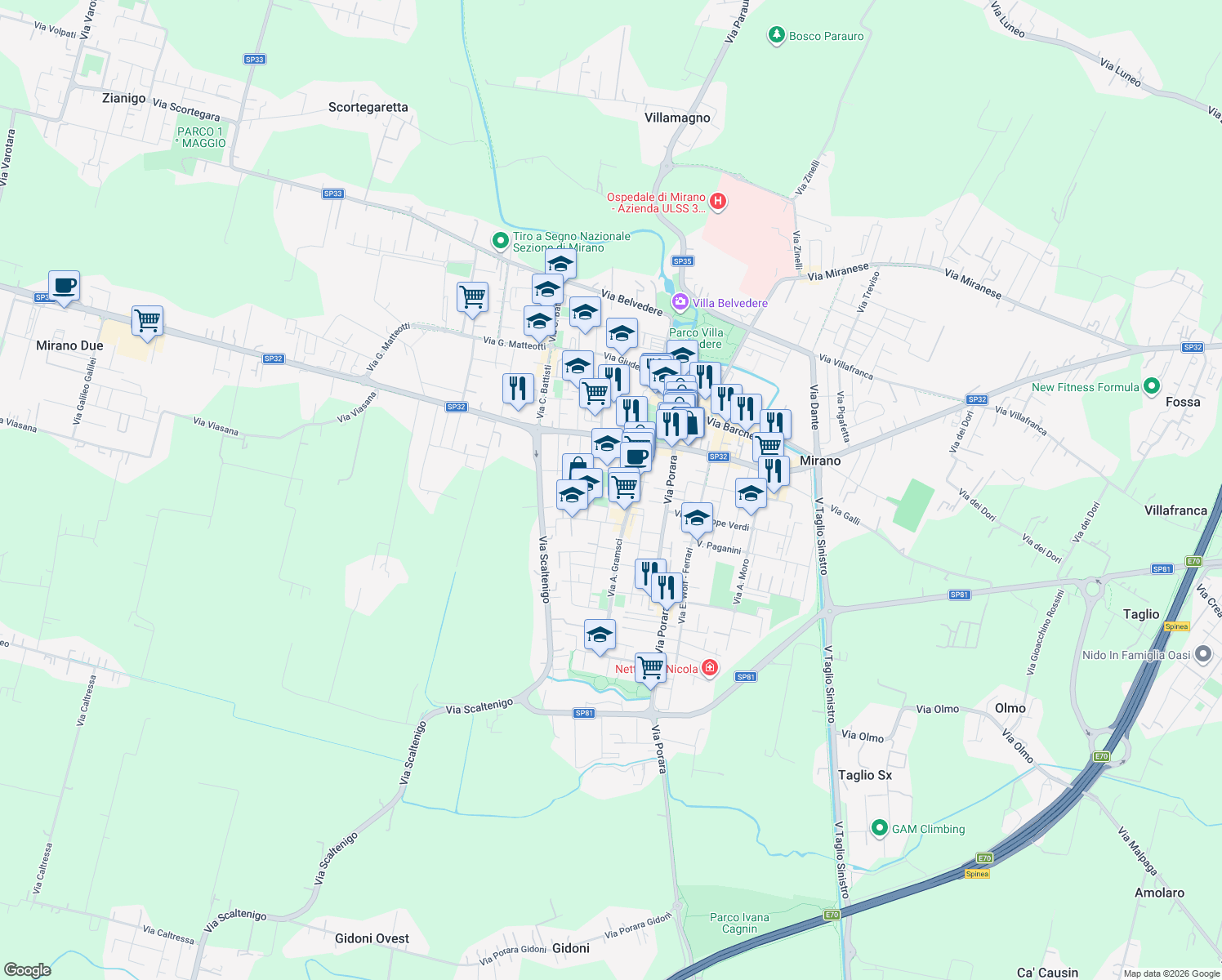 map of restaurants, bars, coffee shops, grocery stores, and more near 16B Via Torino in Mirano
