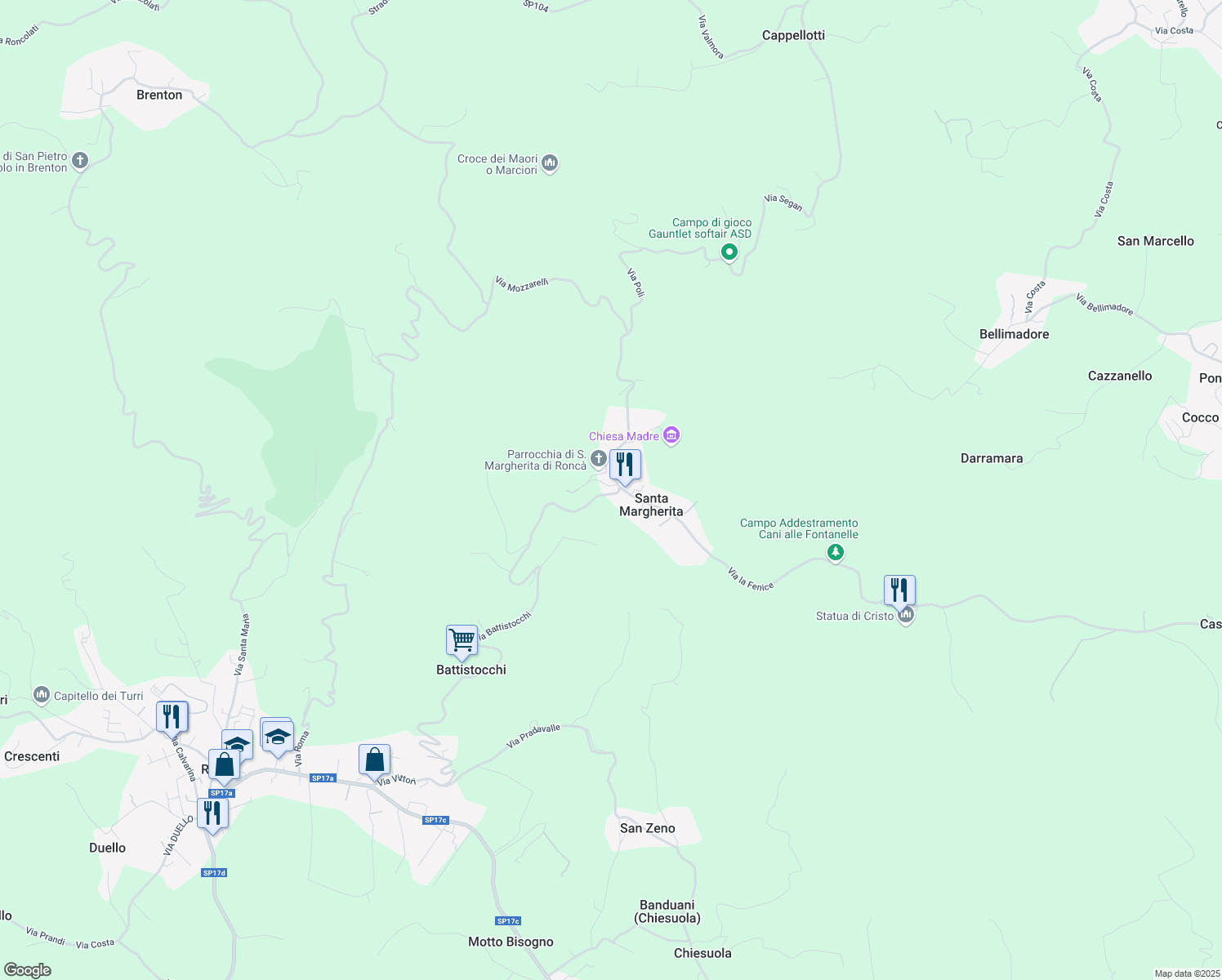 map of restaurants, bars, coffee shops, grocery stores, and more near 5 Via Santa Margherita in Santa Margherita