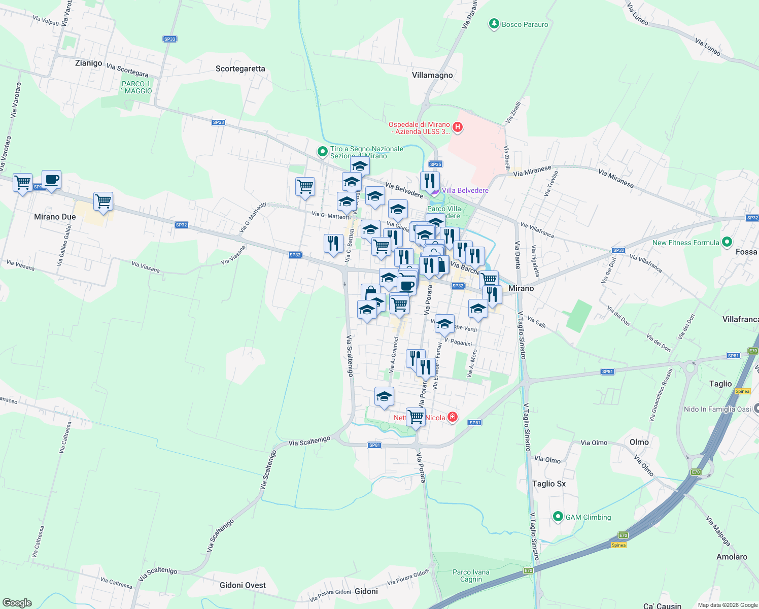 map of restaurants, bars, coffee shops, grocery stores, and more near 16B Via Torino in Mirano