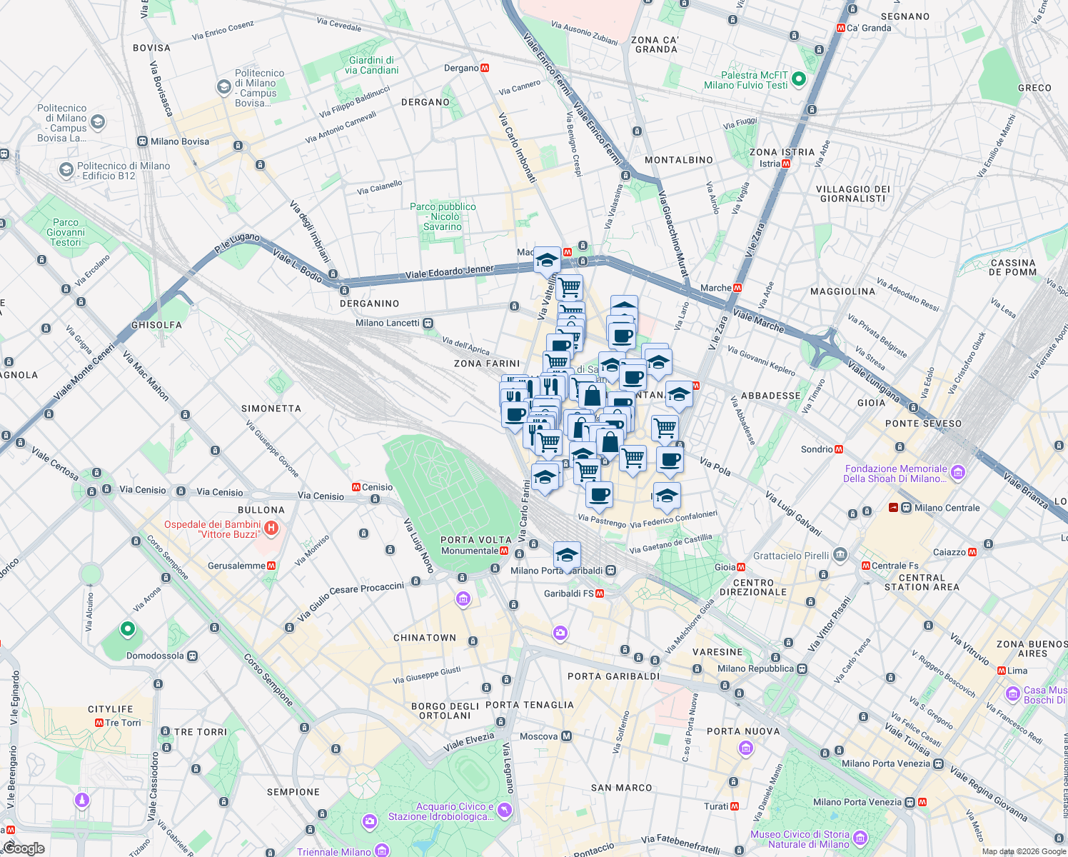 map of restaurants, bars, coffee shops, grocery stores, and more near 4 Via Arnaldo da Brescia in Milano