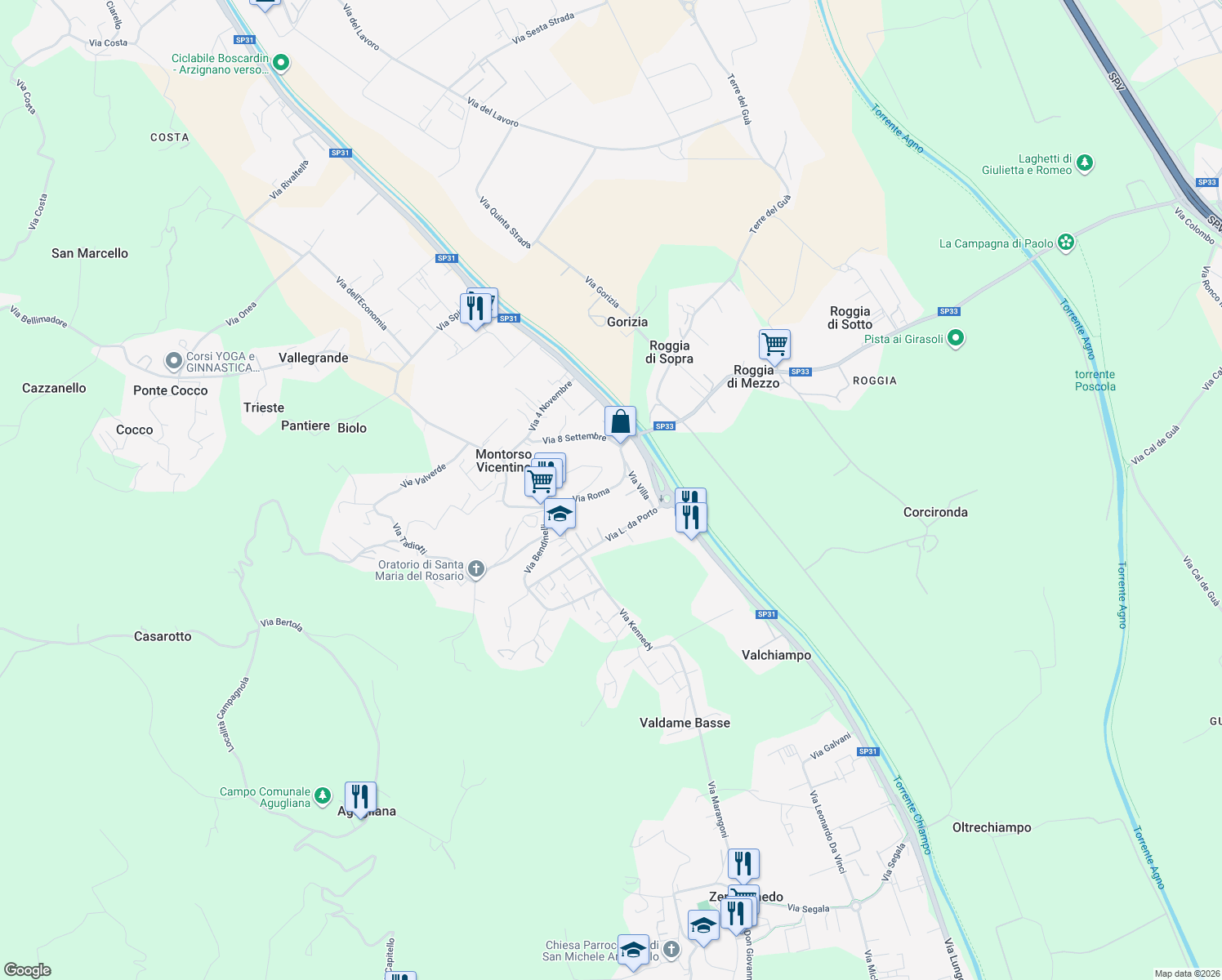 map of restaurants, bars, coffee shops, grocery stores, and more near 23 Via Roma in Montorso Vicentino