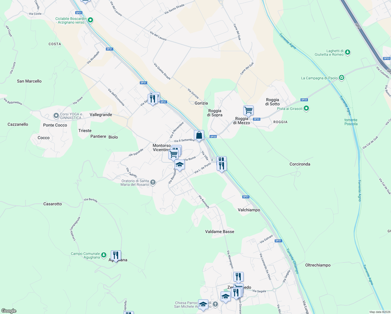 map of restaurants, bars, coffee shops, grocery stores, and more near 23 Via Roma in Montorso Vicentino