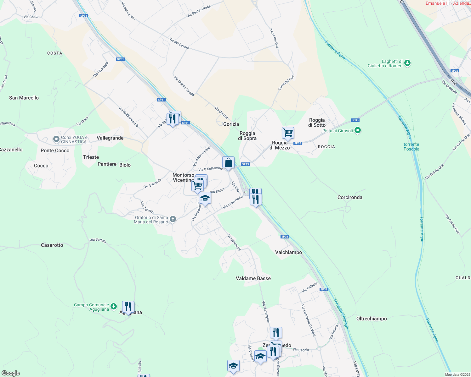 map of restaurants, bars, coffee shops, grocery stores, and more near 44 Via Villa in Montorso Vicentino