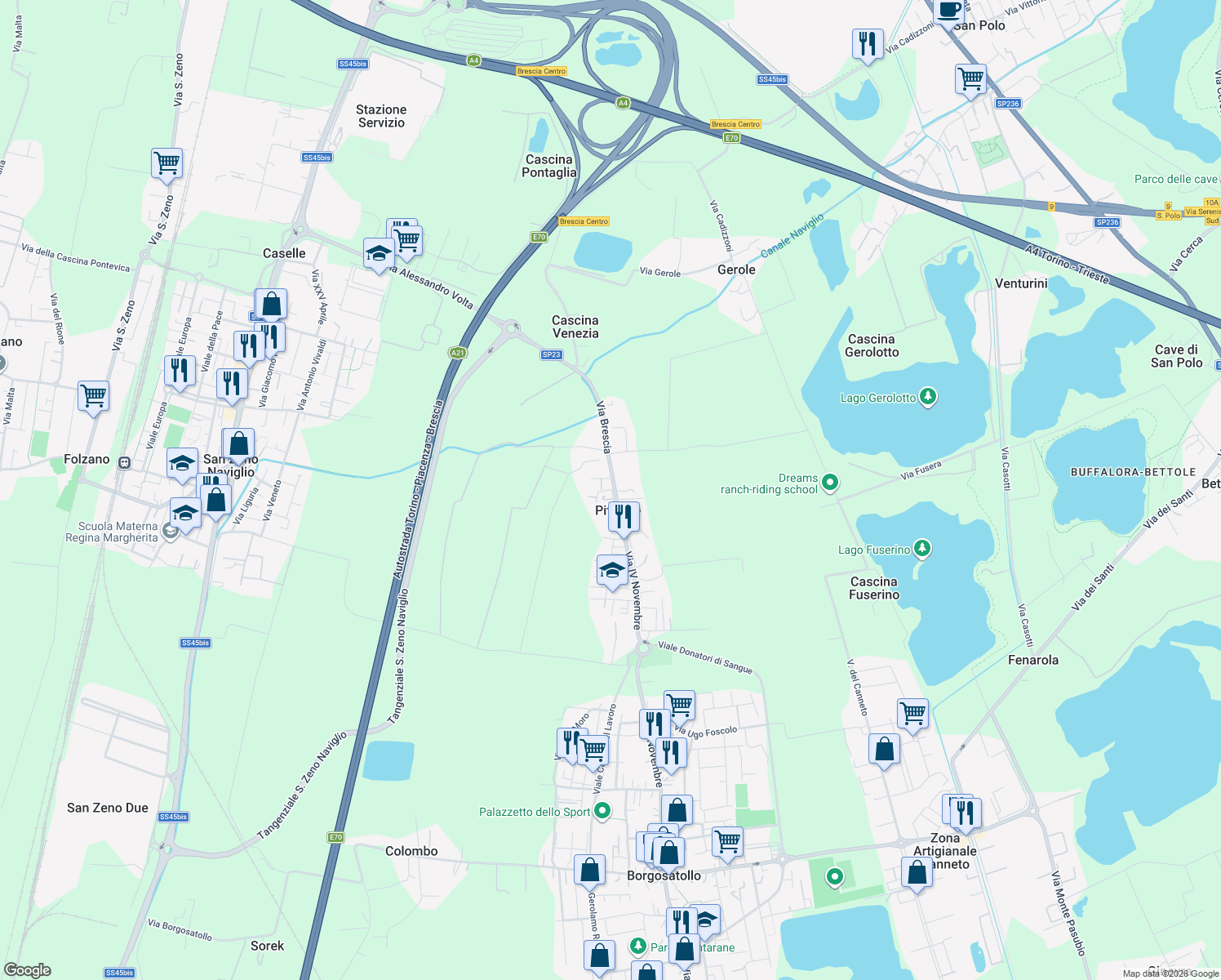 map of restaurants, bars, coffee shops, grocery stores, and more near 315B Via IV Novembre in Borgosatollo